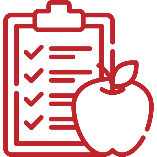 Icon für Nährstoffberatung mit einem Klemmbrett und einem Apfel in rot