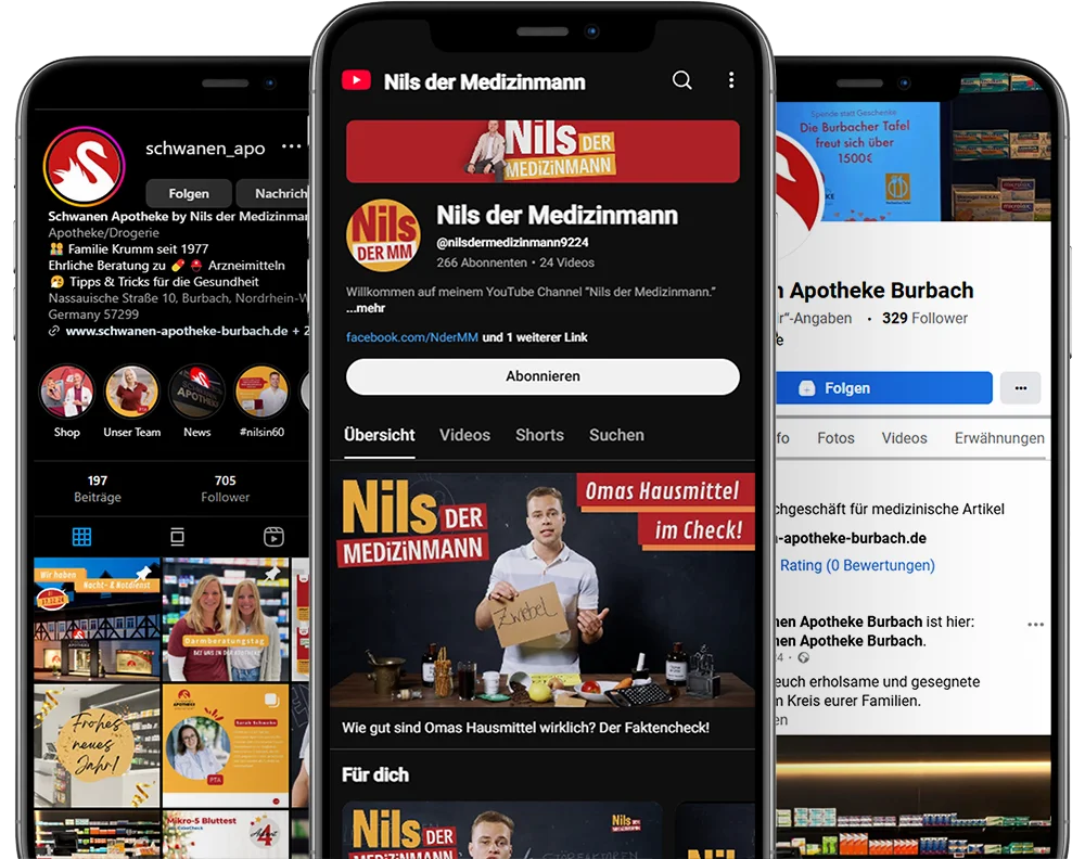 Drei Smartphones zeigen Social-Media-Profile von „Nils der Medizinmann“ und der Schwanen Apotheke Burbach auf Instagram, YouTube und Facebook an und heben pharmazeutische Inhalte und Rezensionen hervor.